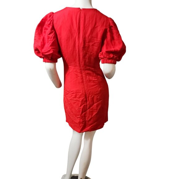 Bardot Talullah Linen Blend Minidress Puff Sleeves Button Accents Plunge Neck - Picture 3 of 7